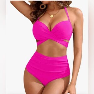 Pink Halter Cross Bikini Set